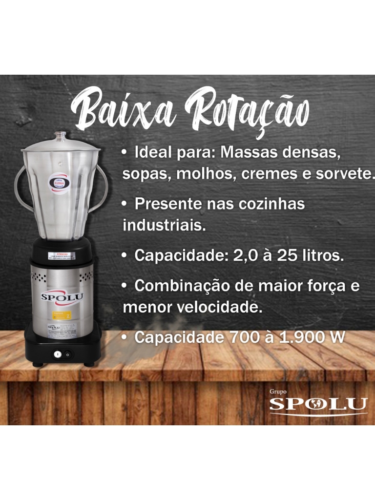 LIQUIDIFICADOR INDUSTRIAL BAIXA ROTAÇÃO 8 LITROS - BIVOLT - SPOLU