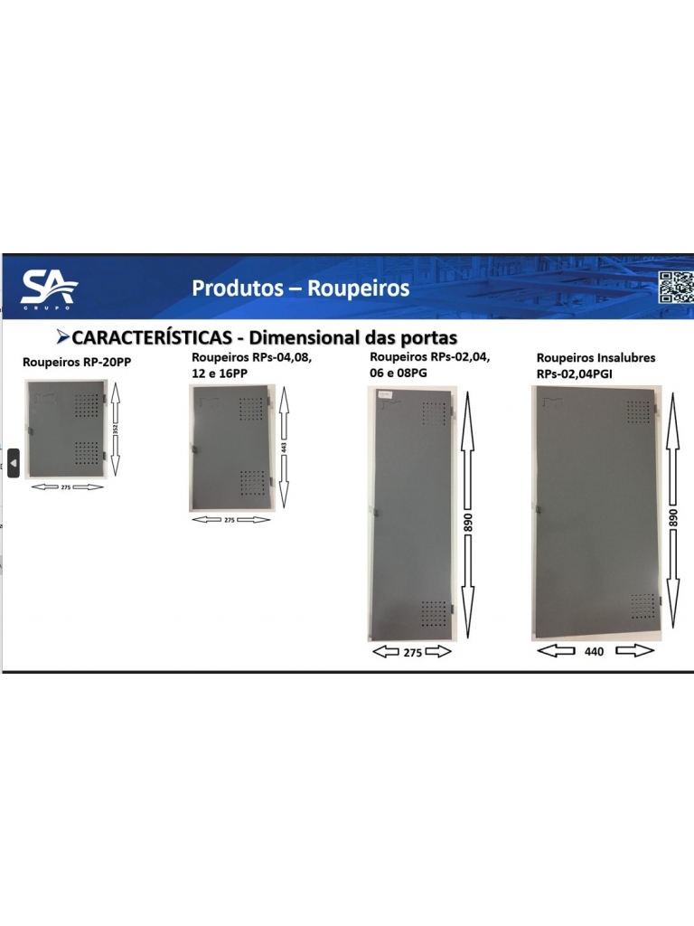 ROUPEIRO / ARMÁRIO DE AÇO 4 PORTAS PEQUENAS - COM PITÃO P/ CADEADO - 1,95 X 0,34 X 0,40 - S.A.